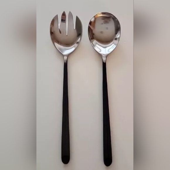 Vintage MCM Stainless Steel Salad Set Fork&Spoon 11.5" Grooved Matte Handles - Picture 1 of 7